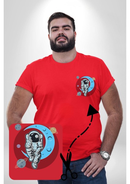 Astronot Uzayda Sıkılmış Kırmızı Büyük Beden Kadın Basic Minimal Baskılı Tişört fırsatları