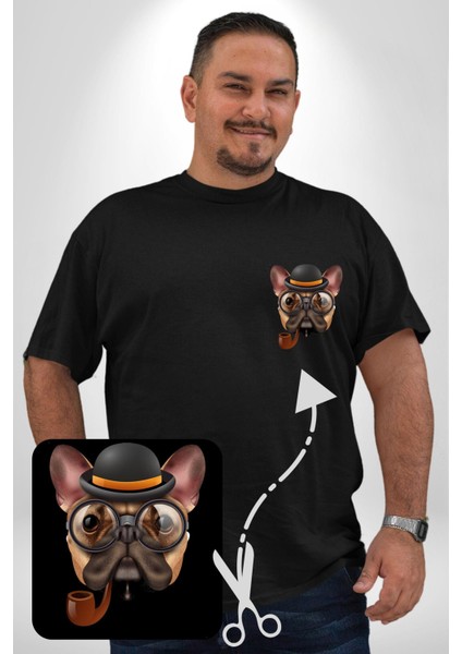 Köpek Pug Gözlüklü Siyah Büyük Beden Kadın Basic Minimal Baskılı Tişört