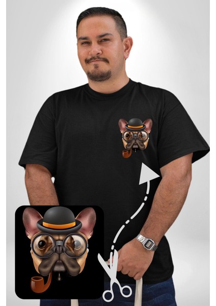 Köpek Pug Gözlüklü Siyah Büyük Beden Kadın Basic Minimal Baskılı Tişört modelleri