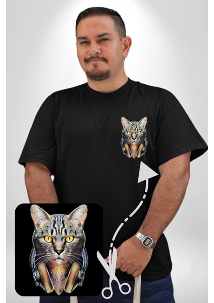 Kulaklık Kedi Siyah Büyük Beden Kadın Basic Minimal Baskılı Tişört fiyatları