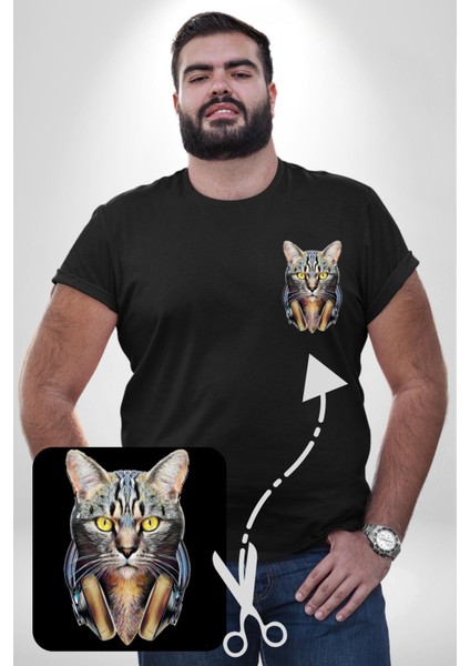 Kulaklık Kedi Siyah Büyük Beden Kadın Basic Minimal Baskılı Tişört modelleri