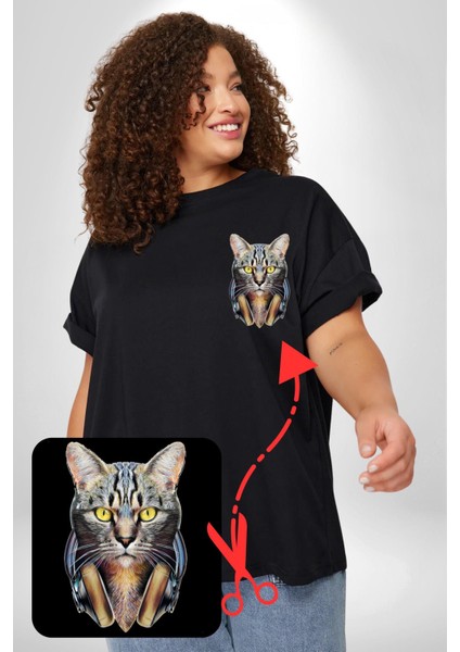 Kulaklık Kedi Siyah Büyük Beden Kadın Basic Minimal Baskılı Tişört fırsatları