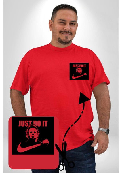Michael Myers Just Do It Korku Filmleri Cadılar Bayramı Kırmızı Büyük Beden Kadın Basic Minimal Baskılı Tişört