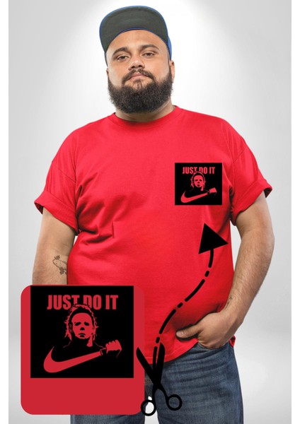 Michael Myers Just Do It Korku Filmleri Cadılar Bayramı Kırmızı Büyük Beden Kadın Basic Minimal Baskılı Tişört