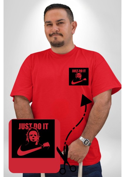 Michael Myers Just Do It Korku Filmleri Cadılar Bayramı Kırmızı Büyük Beden Kadın Basic Minimal Baskılı Tişört