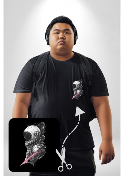 Astronot Kafası Siyah Büyük Beden Kadın Basic Minimal Baskılı Tişört