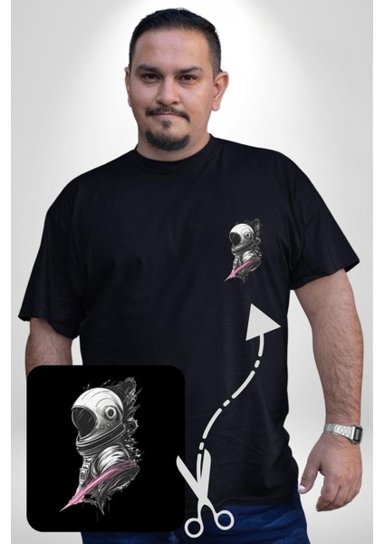 Astronot Kafası Siyah Büyük Beden Kadın Basic Minimal Baskılı Tişört modelleri