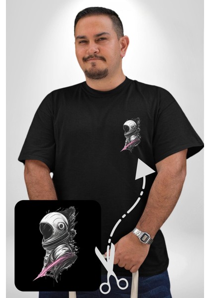 Astronot Kafası Siyah Büyük Beden Kadın Basic Minimal Baskılı Tişört fırsatları