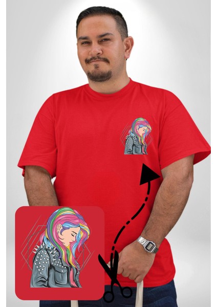 Metal Müzik Çeket Kırmızı Büyük Beden Kadın Basic Minimal Baskılı Tişört