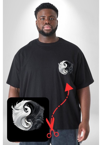 Siyah Beyaz Ying Yang Siyah Büyük Beden Kadın Basic Minimal Baskılı Tişört