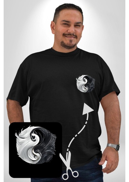 Siyah Beyaz Ying Yang Siyah Büyük Beden Kadın Basic Minimal Baskılı Tişört modelleri