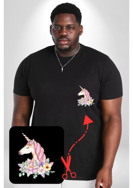 Unicorn Çiçek Siyah Büyük Beden Kadın Basic Minimal Baskılı Tişört