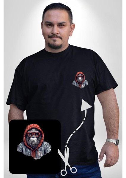 Kırmızı Gözlük Çeket Maymun Siyah Büyük Beden Kadın Basic Minimal Baskılı Tişört