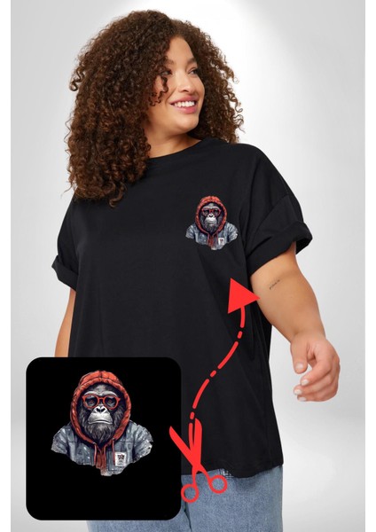 Kırmızı Gözlük Çeket Maymun Siyah Büyük Beden Kadın Basic Minimal Baskılı Tişört fırsatları