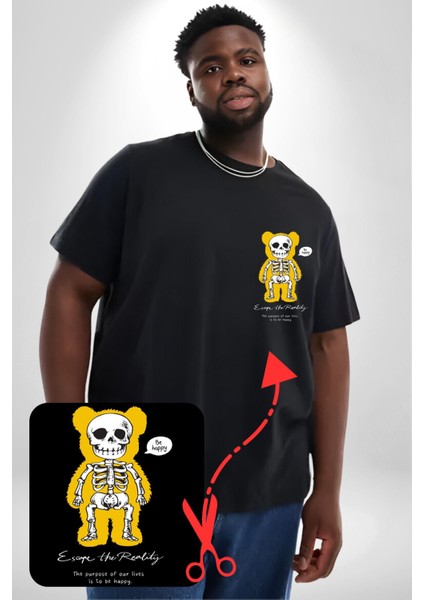 Mutlu Ol Siyah Büyük Beden Kadın Basic Minimal Baskılı Tişört modelleri