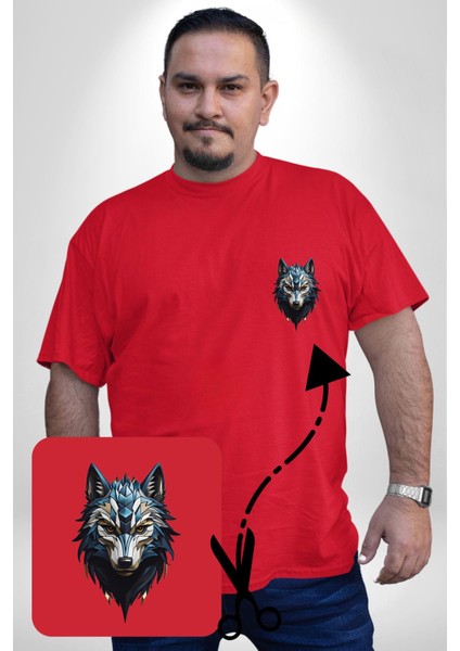 Mavi Kurt Robot Kırmızı Büyük Beden Kadın Basic Minimal Baskılı Tişört