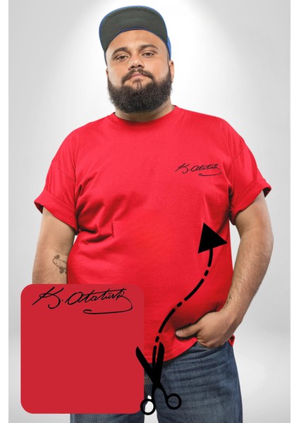 Kemal Atatürk Imzası Kırmızı Büyük Beden Kadın Basic Minimal Baskılı Tişört