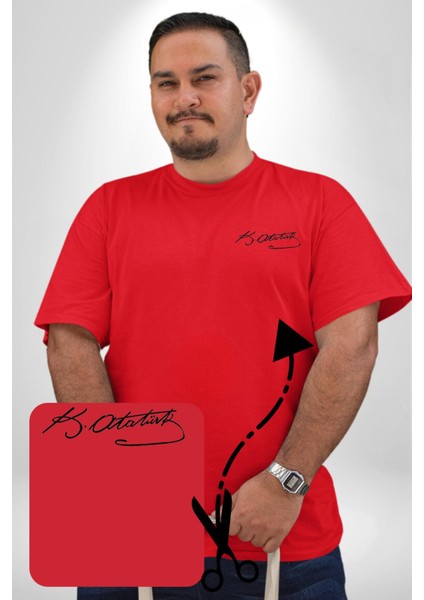 Kemal Atatürk Imzası Kırmızı Büyük Beden Kadın Basic Minimal Baskılı Tişört fiyatları