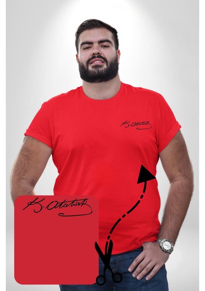 Kemal Atatürk Imzası Kırmızı Büyük Beden Kadın Basic Minimal Baskılı Tişört fırsatları
