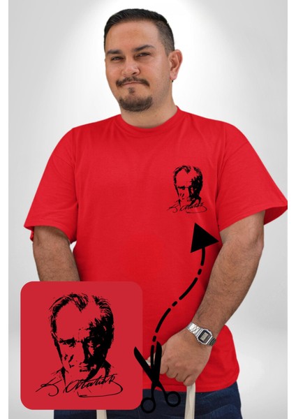 Kemal Atatürk Imza Ve Silüet Kırmızı Büyük Beden Kadın Basic Minimal Baskılı Tişört