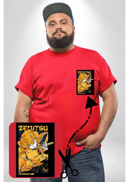 Zenitsu Agatsuma Anime Kırmızı Büyük Beden Kadın Basic Minimal Baskılı Tişört