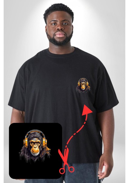 Maymun Altın Kulaklık Müzik Siyah Büyük Beden Kadın Basic Minimal Baskılı Tişört