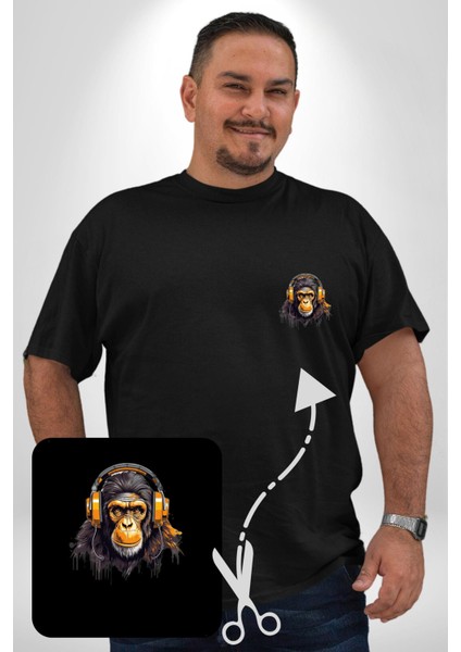 Maymun Altın Kulaklık Müzik Siyah Büyük Beden Kadın Basic Minimal Baskılı Tişört modelleri