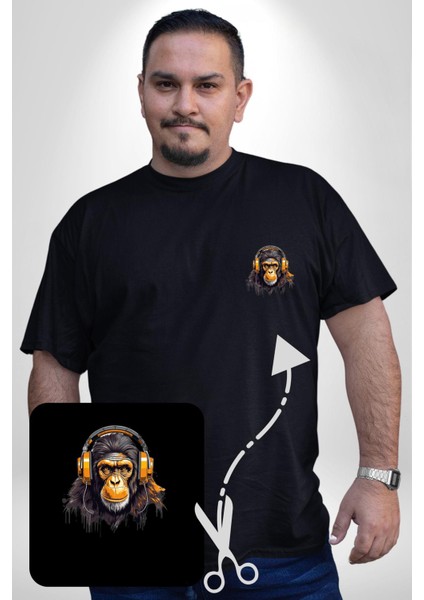 Maymun Altın Kulaklık Müzik Siyah Büyük Beden Kadın Basic Minimal Baskılı Tişört fırsatları