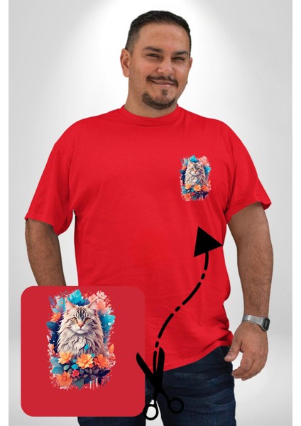 Çiçek Kedi Sulu Boya Kırmızı Büyük Beden Kadın Basic Minimal Baskılı Tişört