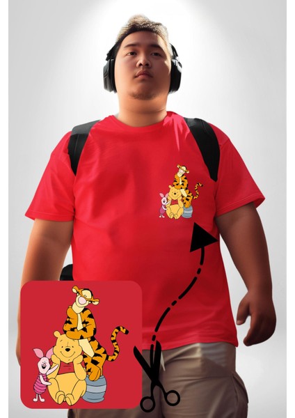 Winnie The Pooh Piglet Tiger Kırmızı Büyük Beden Kadın Basic Minimal Baskılı Tişört