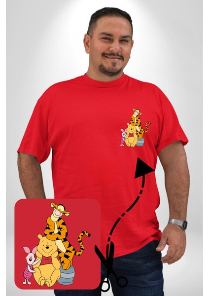 Winnie The Pooh Piglet Tiger Kırmızı Büyük Beden Kadın Basic Minimal Baskılı Tişört