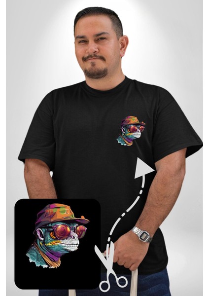 Gözlük Şapka Mukalemun Siyah Büyük Beden Kadın Basic Minimal Baskılı Tişört