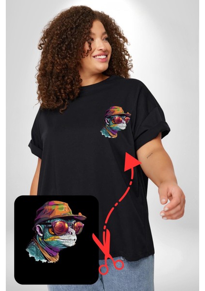 Gözlük Şapka Mukalemun Siyah Büyük Beden Kadın Basic Minimal Baskılı Tişört modelleri