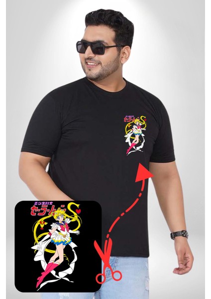 Sailor Moon Anime Usagi Tsukino Siyah Büyük Beden Kadın Basic Minimal Baskılı Tişört