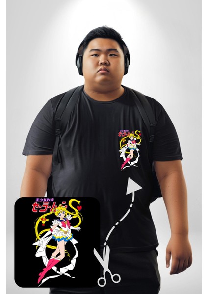 Sailor Moon Anime Usagi Tsukino Siyah Büyük Beden Kadın Basic Minimal Baskılı Tişört modelleri