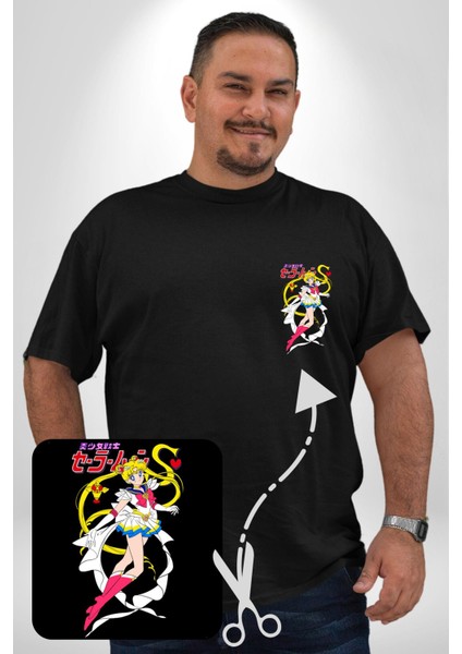 Sailor Moon Anime Usagi Tsukino Siyah Büyük Beden Kadın Basic Minimal Baskılı Tişört fırsatları