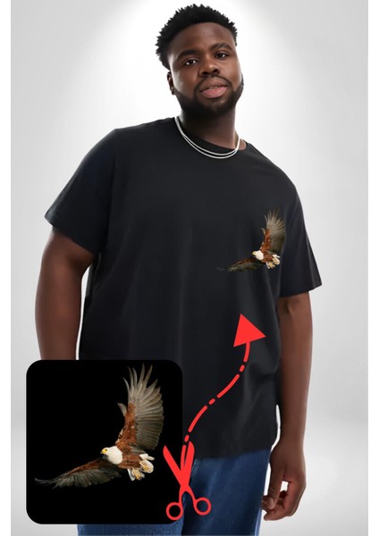 Kartal Özgürlük Siyah Büyük Beden Kadın Basic Minimal Baskılı Tişört