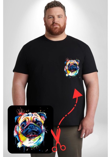 Sulu Boya Pug Köpek Siyah Büyük Beden Kadın Basic Minimal Baskılı Tişört