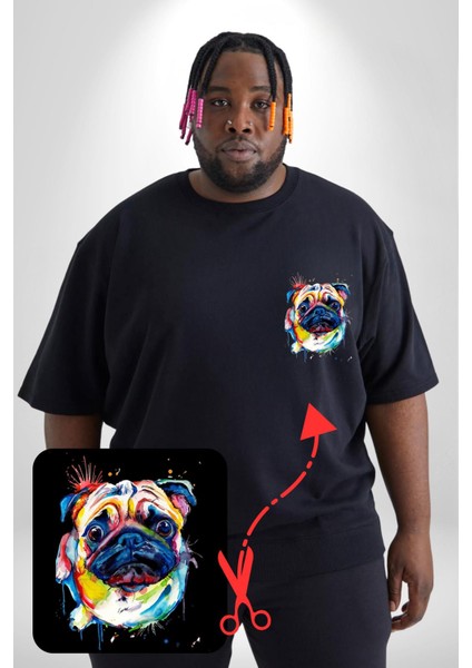 Sulu Boya Pug Köpek Siyah Büyük Beden Kadın Basic Minimal Baskılı Tişört fiyatları