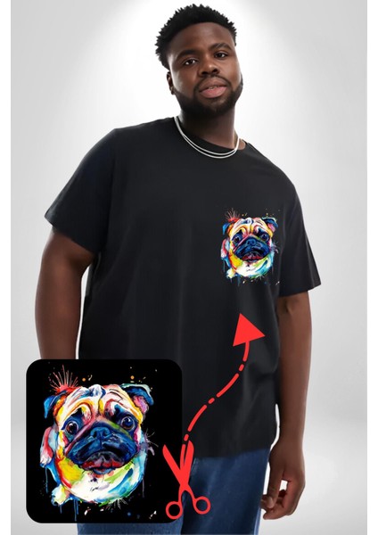 Sulu Boya Pug Köpek Siyah Büyük Beden Kadın Basic Minimal Baskılı Tişört modelleri