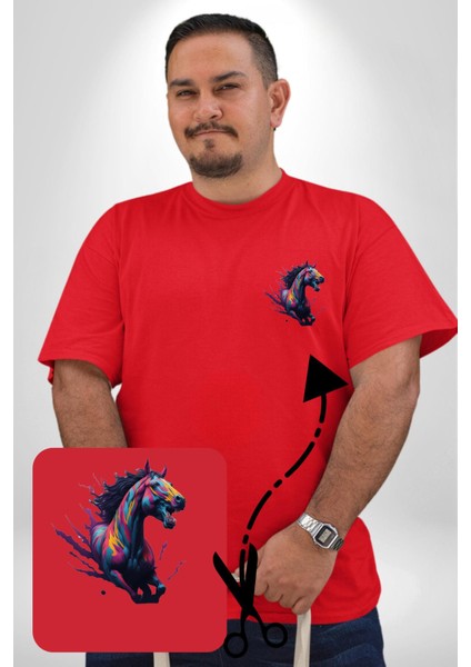 Renkli At Koşu Kırmızı Büyük Beden Kadın Basic Minimal Baskılı Tişört