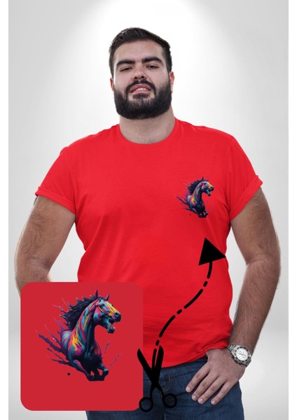 Renkli At Koşu Kırmızı Büyük Beden Kadın Basic Minimal Baskılı Tişört modelleri