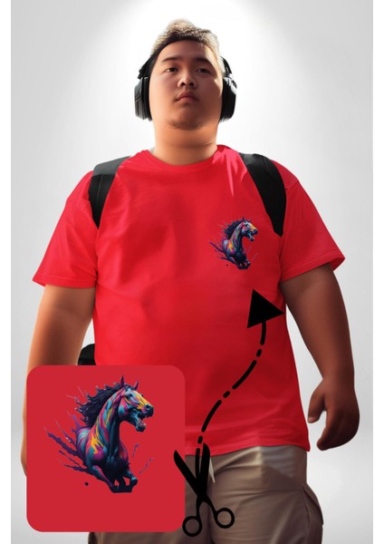 Renkli At Koşu Kırmızı Büyük Beden Kadın Basic Minimal Baskılı Tişört fırsatları