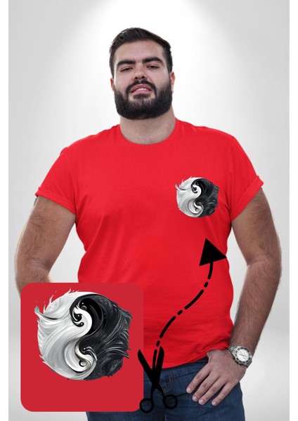 Kırmızı Beyaz Ying Yang Kırmızı Büyük Beden Kadın Basic Minimal Baskılı Tişört