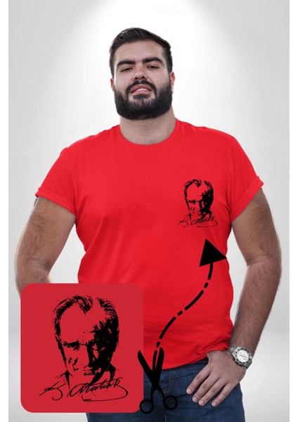 Kemal Atatürk Imza Ve Silüet Kırmızı Büyük Beden Kadın Basic Minimal Baskılı Tişört modelleri