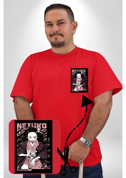 Nezuko Demon Slayer Kırmızı Büyük Beden Kadın Basic Minimal Baskılı Tişört