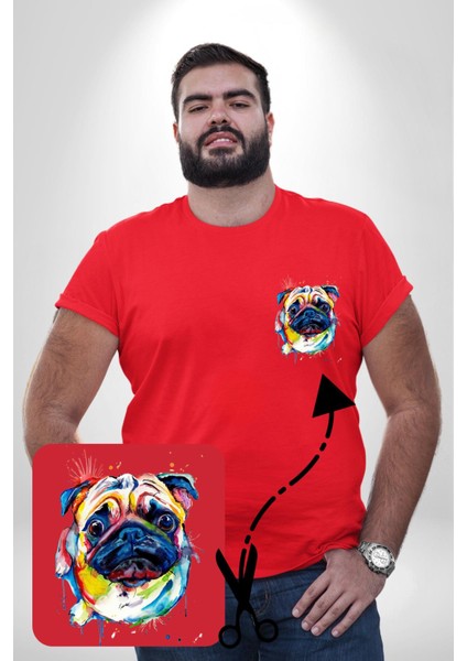 Sulu Boya Pug Köpek Kırmızı Büyük Beden Kadın Basic Minimal Baskılı Tişört