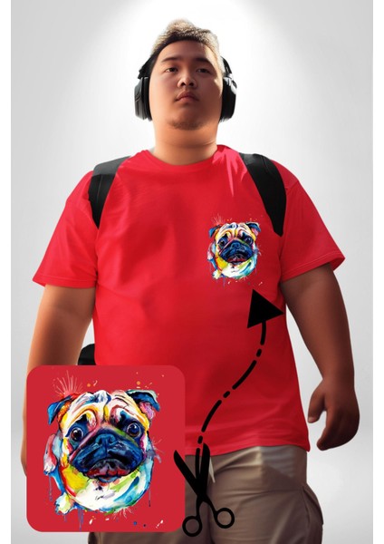 Sulu Boya Pug Köpek Kırmızı Büyük Beden Kadın Basic Minimal Baskılı Tişört fiyatları