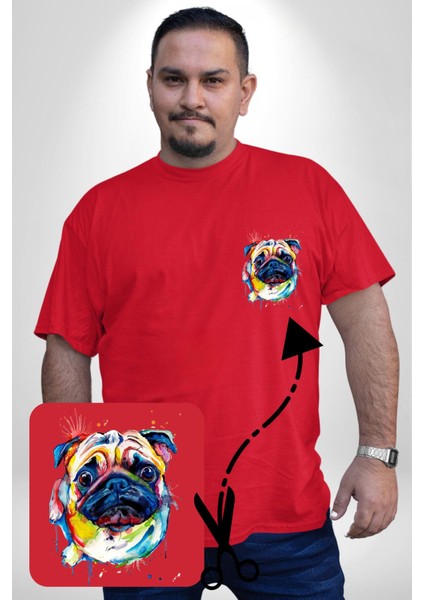 Sulu Boya Pug Köpek Kırmızı Büyük Beden Kadın Basic Minimal Baskılı Tişört modelleri
