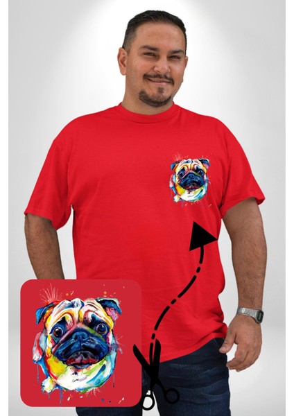 Sulu Boya Pug Köpek Kırmızı Büyük Beden Kadın Basic Minimal Baskılı Tişört fırsatları